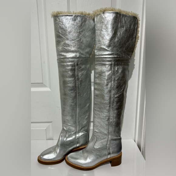 Celine 2019 Folco  Shearling Over-the-knee Boots  - Silver size 37.5 - Picture 3 of 15